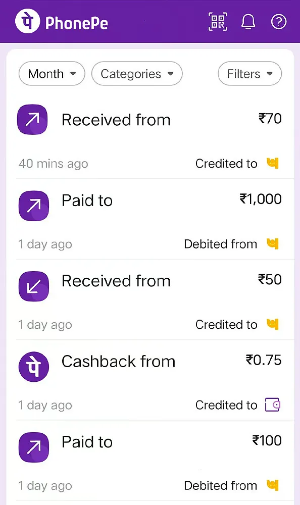 PhonePe transaction history